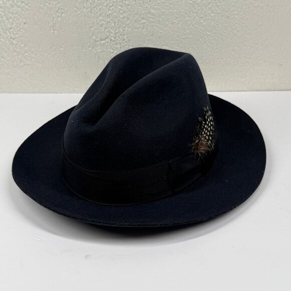 Stacy Adams Fedora Hat Wool Felt Navy Blue Feather Band XL Made in Mexico - Picture 1 of 8